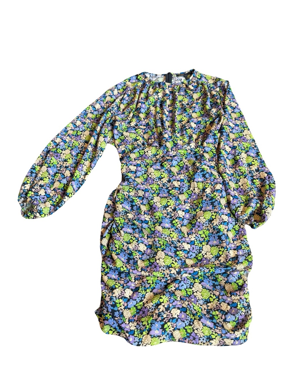 Maje Black Blue Floral Print Long Sleeve V Neck Mini Dress Plunge Size 4 Women's